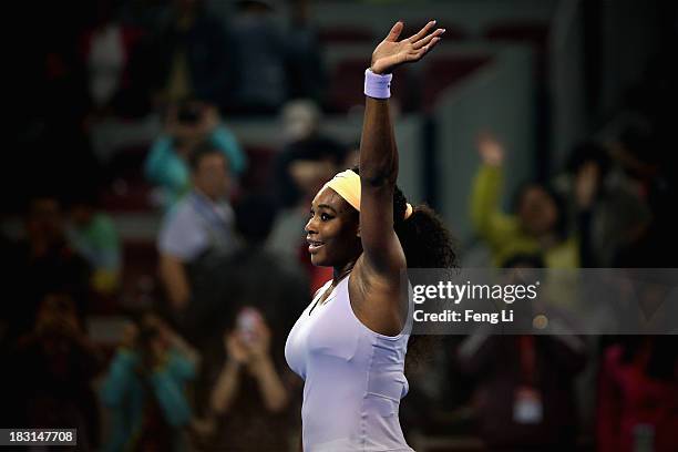 Serena Williams of the United States celebrates winning against Agnieszka Radwanska of Poland during her women's semi-final match on day eight of the...