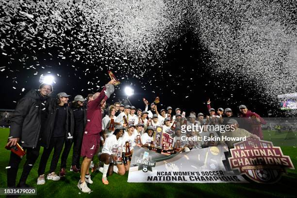 The Florida State Seminoles celebrate their win over the Stanford Cardinal for the Division I Women’s Soccer Championship at Wake Med Soccer Park on...