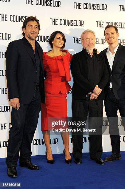 Javier Bardem, Penelope Cruz, Sir Ridley Scott and Michael Fassbender attend a photocall for "The Counselor" at The Dorchester on October 5, 2013 in...