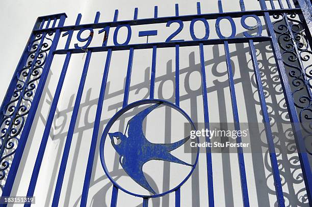 The gates from the old Cardiff City ground of Ninian Park which is now a housing estate before the Barclays Premier League match between Cardiff City...