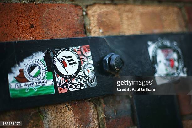 Close up view showing a sticker of Linzer Athletic Sport Club prior to the Barclays Premier League match between Fulham and Stoke City at Craven...