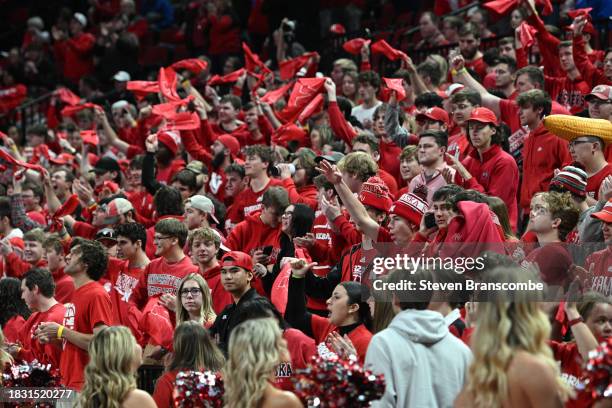 Fans of the Nebraska Cornhuskers cheer action against the Creighton Bluejays in the first half at Pinnacle Bank Arena on December 3, 2023 in Lincoln,...