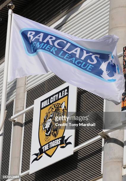 The Hull City AFC Club badge with Barclays flag outside the KC Stadium before the Barclays Premier League match between Hull City and Aston Villa at...