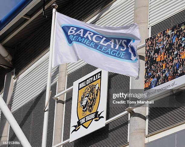 The Hull City AFC Club badge with Barclays flag outside the KC Stadium before the Barclays Premier League match between Hull City and Aston Villa at...