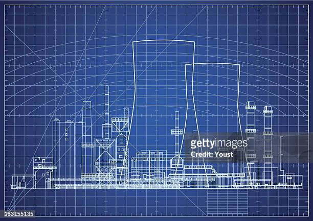 nuclear power plant blueprint vector illustration - nuclear power station stock illustrations
