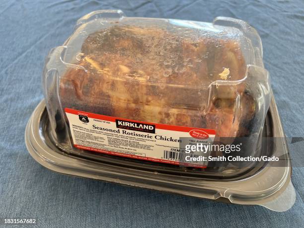 Costco rotisserie chicken with Kirkland branding in a plastic container, Lafayette, California, October 5, 2023.