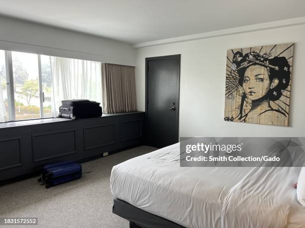 Contemporary hotel room interior with artwork on the wall, Hotel Kabuki, Japantown, San Francisco, California, October 22, 2023.