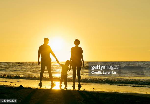 family enjoy the sunset on beach - taipeh gegenlicht stock-fotos und bilder