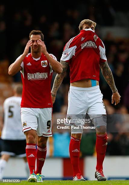 Sam Baldock and Aden Flint of Bristol City show their disappointment after the Sky Bet League One match between Port Vale and Bristol City at Vale...