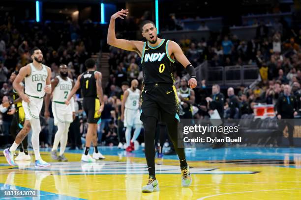 Tyrese Haliburton of the Indiana Pacers interacts with the crowd in the third quarter against the Boston Celtics during the NBA In-Season Tournament...