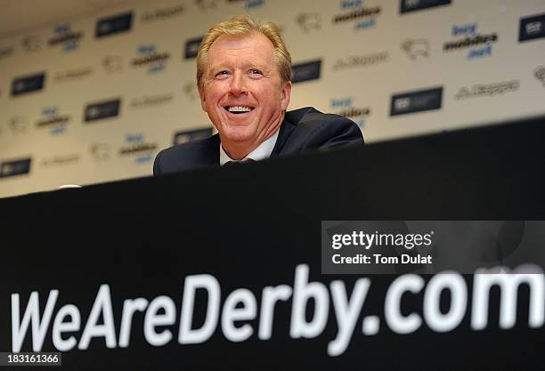 Manager of Derby County Steve McClaren speaks to the media after the Sky Bet Championship match between Derby County and Leeds United at Pride Park...