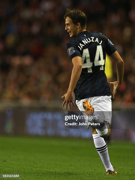 Adnan Januzaj of Manchester United celebrates scoring their second goal during the Barclays Premier League match between Sunderland and Manchester...