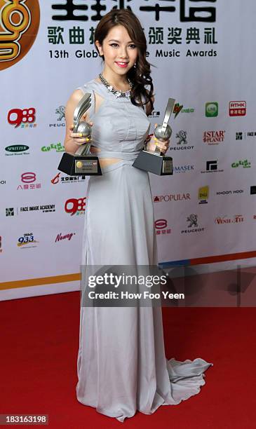 Gem of Hong Kong poses with her Most Popular Composing Artiste Award and Top 20 Song Award during the 13th Global Chinese Music Awards at Putra...