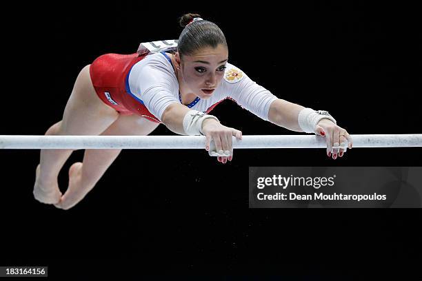 Aliya Mustafina of Russia competes in the Uneven Bars Final on Day Six of the Artistic Gymnastics World Championships Belgium 2013 held at the...