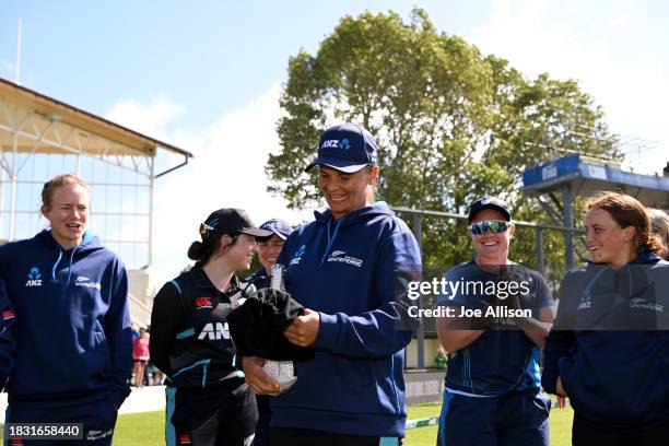 Suzie Bates of New Zealand shares a moment with her team following game two of the T20 International Women's series between New Zealand and Pakistan...