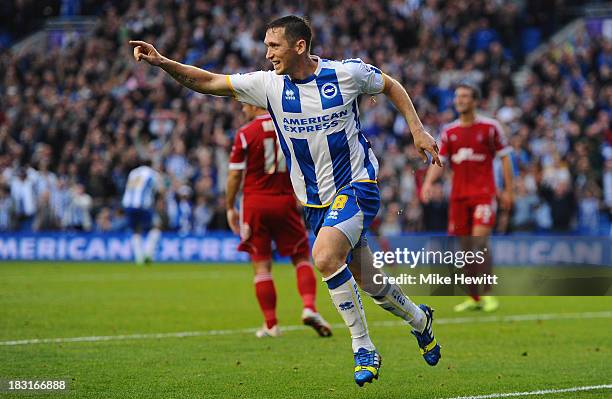 Andrew Crofts of Brighton celebrates after scoring during the Sky Bet Championship match between Brighton & Hove Albion and Nottingham Forest at Amex...