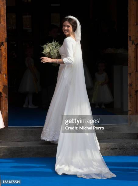 Viktoria Cservenyak arrives for her wedding with Prince Jaime de Bourbon Parme at The Church Of Our Lady At Ascension on October 5, 2013 in...