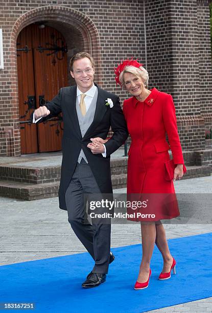 Prince Jaime de Bourbon Parme and Princess Irene arrive for the prince's wedding with Viktoria Cservenyak at The Church Of Our Lady At Ascension on...