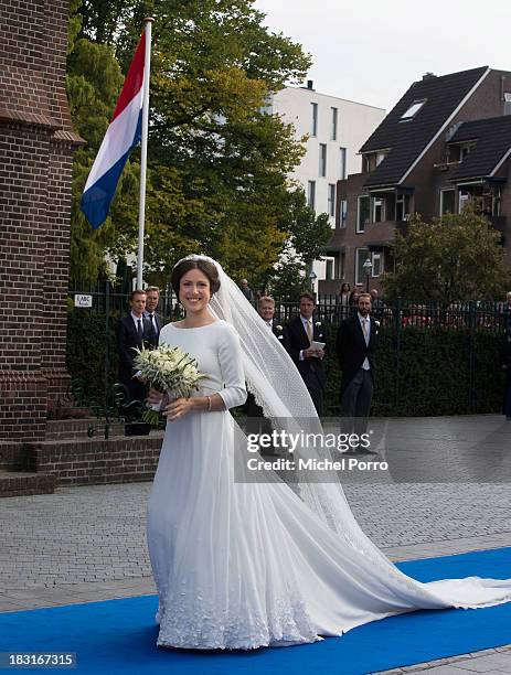 Viktoria Cservenyak arrives for her wedding with Prince Jaime de Bourbon Parme at The Church Of Our Lady At Ascension on October 5, 2013 in...