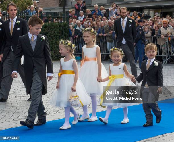 Bridesmaids and pageboys attend the wedding of Prince Jaime de Bourbon Parme and Viktoria Cservenyak at The Church Of Our Lady At Ascension on...
