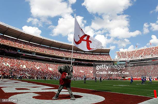 Big Al, mascot of the Alabama Crimson Tide, celebrates a touchdown against the Georgia State Panthers at Bryant-Denny Stadium on October 5, 2013 in...