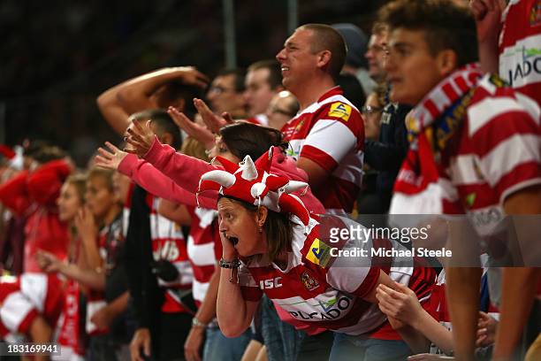 Supporter of Wigan Warriors looks on tensely during the Super League Grand Final between Warrington Wolves and Wigan Warriors at Old Trafford on...