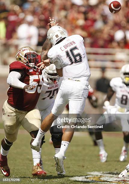 Florida State defensive tackle Jacobbi McDaniel pressures Maryland quarterback C.J. Brown during game action at Doak Campbell Stadium in Talahasses,...
