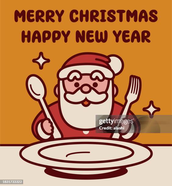 adorable santa claus sits at the table with a spoon, fork, and an empty plate, ready to eat, and wishes you a merry christmas and a happy new year - breakfast with view stock illustrations