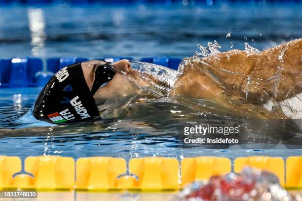 Lorenzo Mora of Italy competes in the 100m Backstroke Men Semifinals during the European Short Course Swimming Championships at Complex Olimpic de...