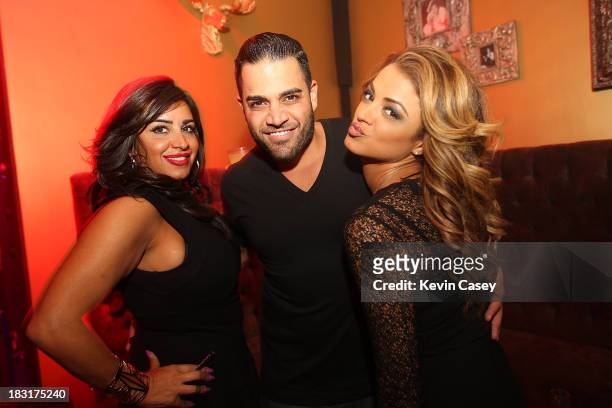Cast members Mercedes "MJ" Javid, Mike Shouhed, and Golnesa "GG" Gharacheedaghi from Bravo's "Shahs of Sunset" celebrate Mike's birthday at Aston...