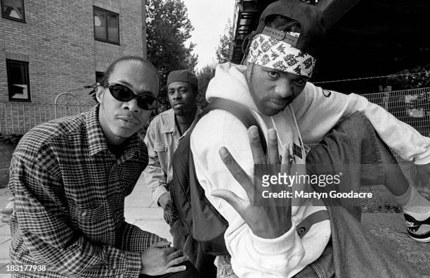 Members of hip hop group Wu-Tang Clan pose for a group portrait, London, United Kingdom, 1994; they are U-God, GZA, and Method Man.