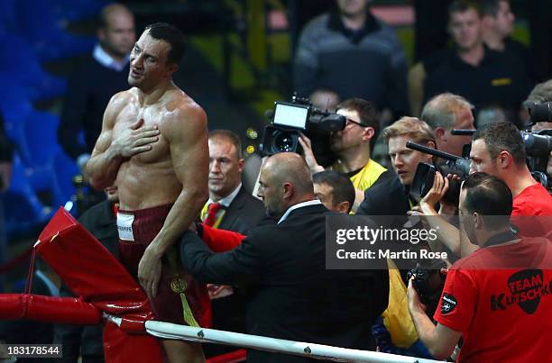 Wladimir Klitschko of Ukraine celebrates after winning the WBO, WBA, IBF and IBO heavy weight title fight between Wladimir Klitschko and Alexander...