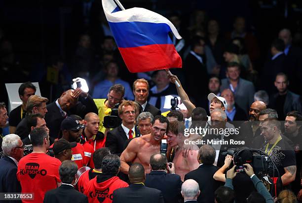 Wladimir Klitschko of Ukraine celebrates after winning the WBO, WBA, IBF and IBO heavy weight title fight between Wladimir Klitschko and Alexander...