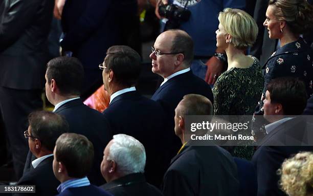 Albert of Monaco is pictured WBO, WBA, IBF and IBO heavy weight title fight between Wladimir Klitschko and Alexander Povetkin of Russia at...