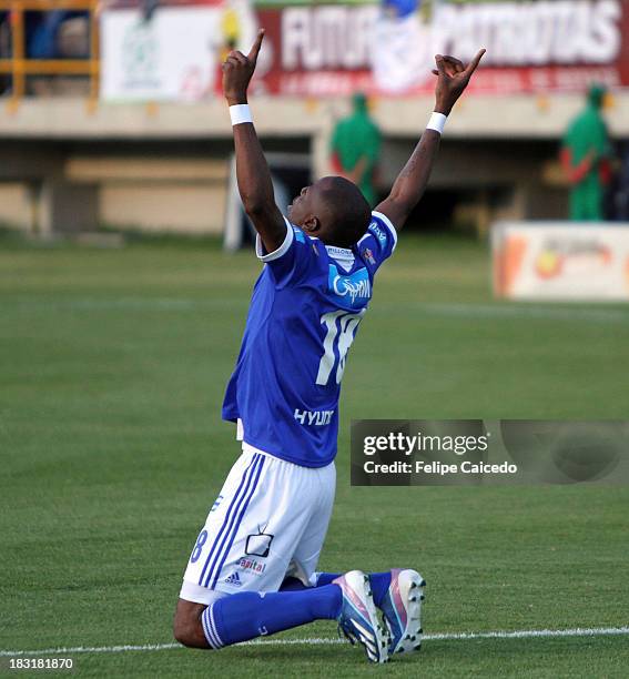 Wason Rentera of Millonarios celebrates a goal during a match between Millonarios and Patriotas FC as part of the Liga Postobon II 2013 at La...