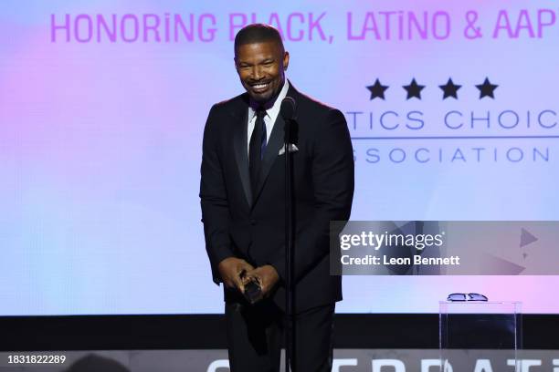 Jamie Foxx accepts the "Vanguard Award" onstage during The Critics Choice Association's Celebration Of Cinema & Television: Honoring Black, Latino...
