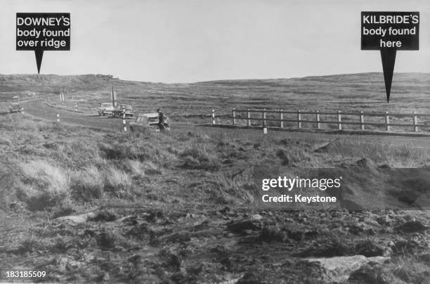 View of Saddleworth Moor in the South Pennines, annotated to show the burial locations of two of the victims of Moors murderers Ian Brady and Myra...