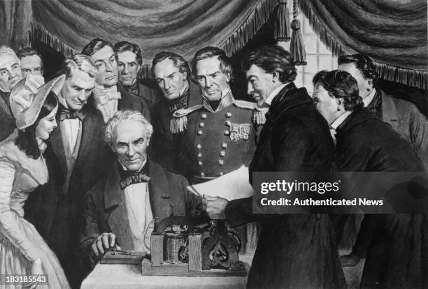 American painter-turned-inventor Samuel Morse sends the first public telegram from the Supreme Court chamber in the Capitol, Washington, DC, to...