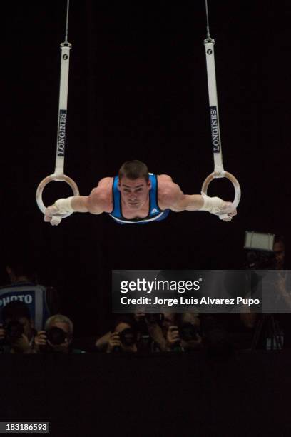 Arthur Nabarrete Zanetti of Brazil competes at the Rings Final on Day Six of the Artistic Gymnastics World Championships Belgium 2013 held at the...