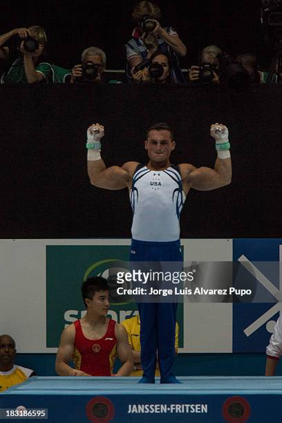 Brandon Wynn of USA competes at the Rings Final on Day Six of the Artistic Gymnastics World Championships Belgium 2013 held at the Antwerp Sports...