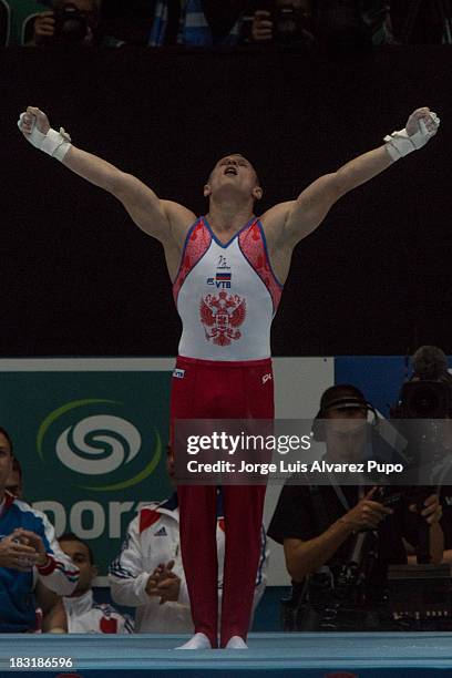 Aleksandr Balandin of Russia competes in the Rings Final on Day Six of the Artistic Gymnastics World Championships Belgium 2013 held at the Antwerp...