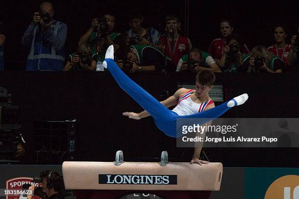 Max Whitlock of Great Britain competes in the Pommel Horse Final on Day Six of the Artistic Gymnastics World Championships Belgium 2013 held at the...
