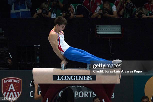 Max Whitlock of Great Britain competes in the Pommel Horse Final on Day Six of the Artistic Gymnastics World Championships Belgium 2013 held at the...