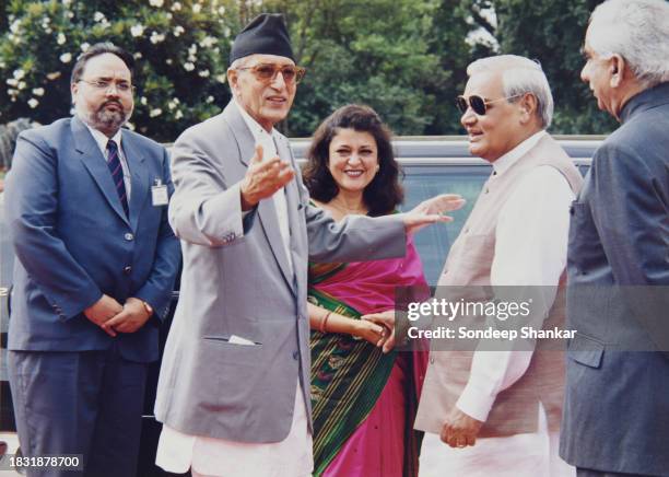 Indian Prime Minister Atal Bihari Vajpayee greets Nepal Prime Minister Girija Prasad Koirala at the Presidential Palace in New Delhi on August 08,...