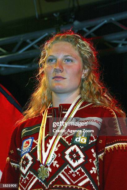 Brigitte Acton of Canada poses with her silver medal after the Womens Super Giant Slalom competition at the FIS Junior Skiing World Championship on...