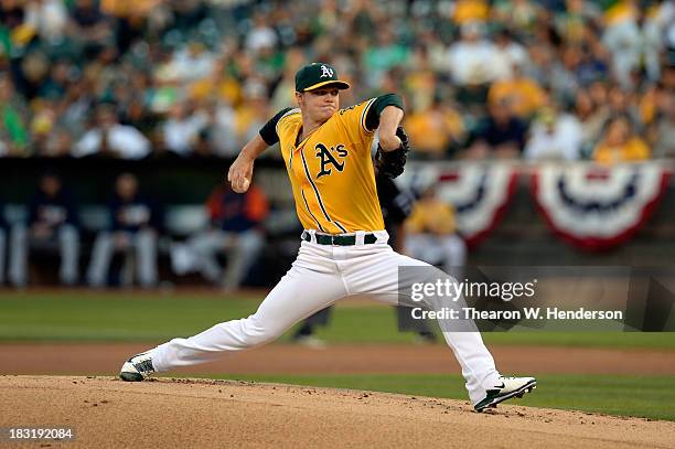 Sonny Gray of the Oakland Athletics throws a pitch in the first inning against the Detroit Tigers during Game Two of the American League Division...