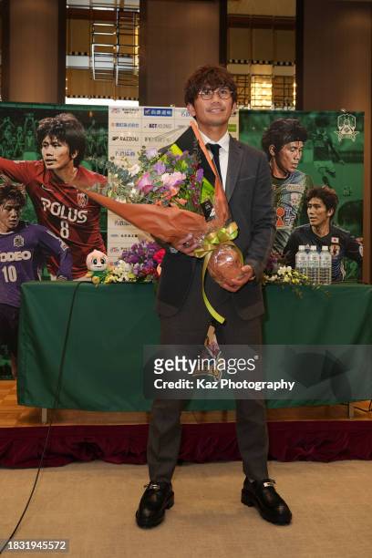 Yosuke Kashiwagi of FC Gifu poses for photos during his retirement press conference on December 05, 2023 in Gifu, Japan.