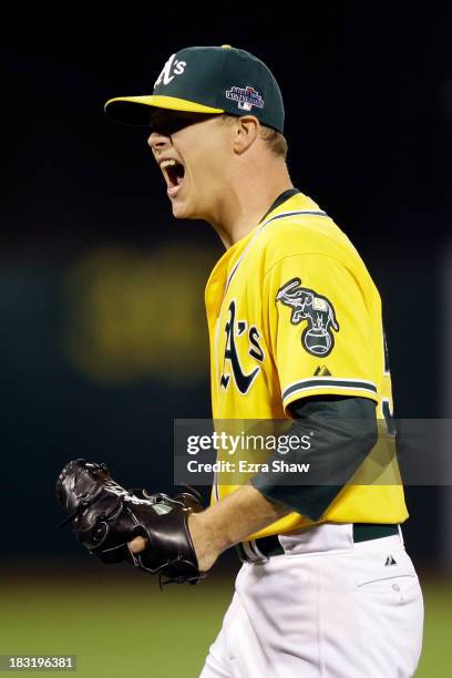 Sonny Gray of the Oakland Athletics reacts after closing out the fifth inning against the Detroit Tigers during Game Two of the American League...