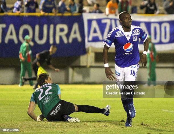 Wason Renteria of Millonarios celebrates the second goal against Patriotas FC during a match between Millonarios and Patriotas FC as part of the Liga...