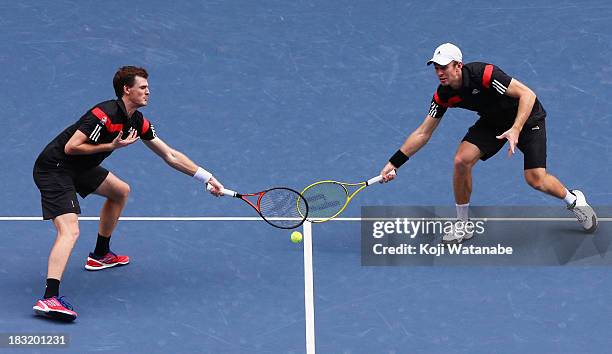 Jamie Murray of Great Britain and John Peers of Australia in action during men's doubles final match against Rohan Bopanna of India and Edouard...